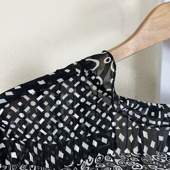 Y2K Notations Sheer Ruffle Tie Blouse 1X Black White Abstract Patchwork Witchy - Picture 4 of 6